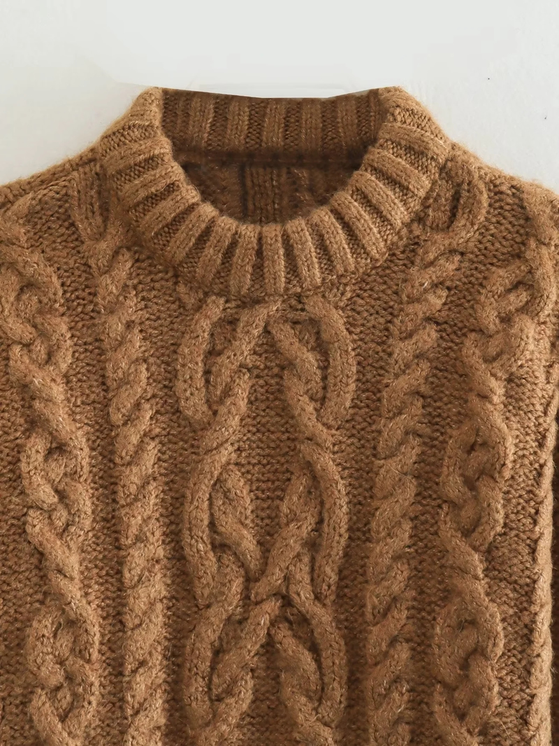 Fashion Brown Eight -stranded Round Neck Knitted Short Sweater,Sweater