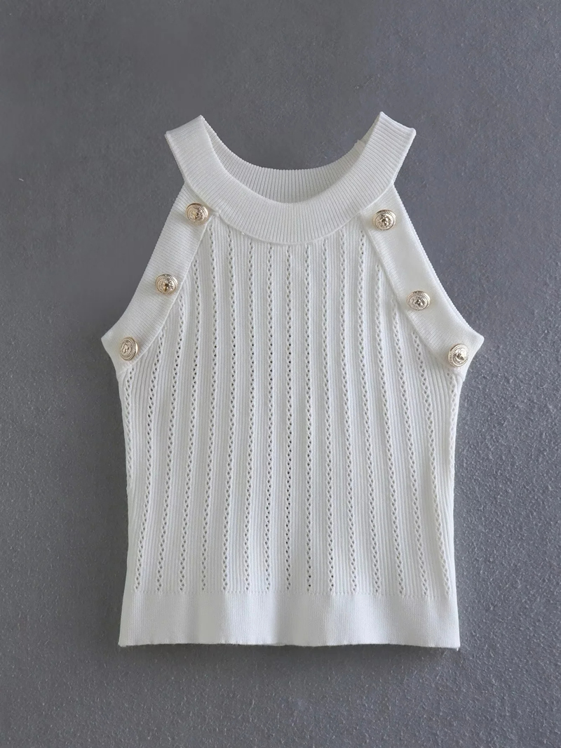 Fashion White Knitted Hollow Buttons Round Neck Vest,Sweater