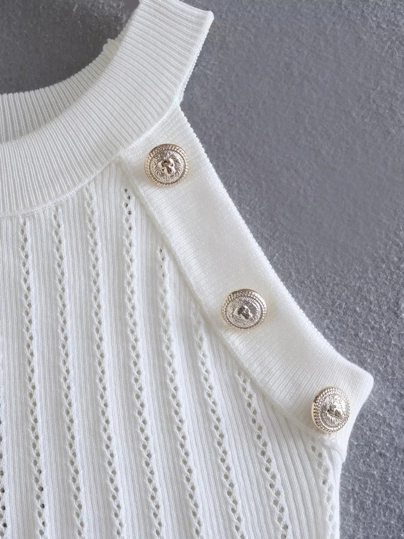 Fashion White Knitted Hollow Buttons Round Neck Vest,Sweater
