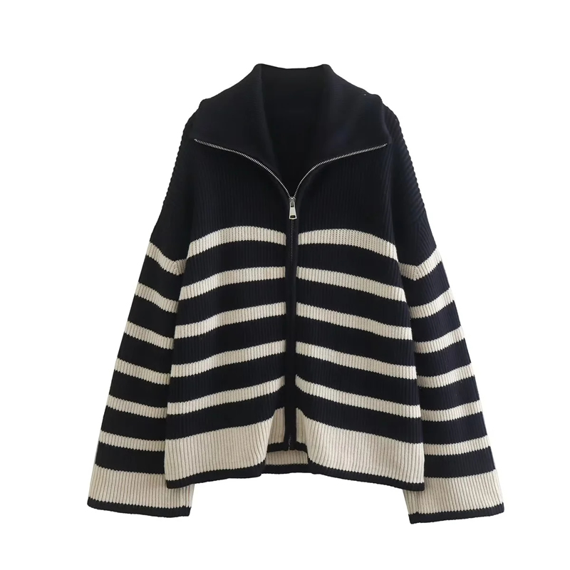 Fashion Black Zipper Striped Knitted Jacket,Sweater