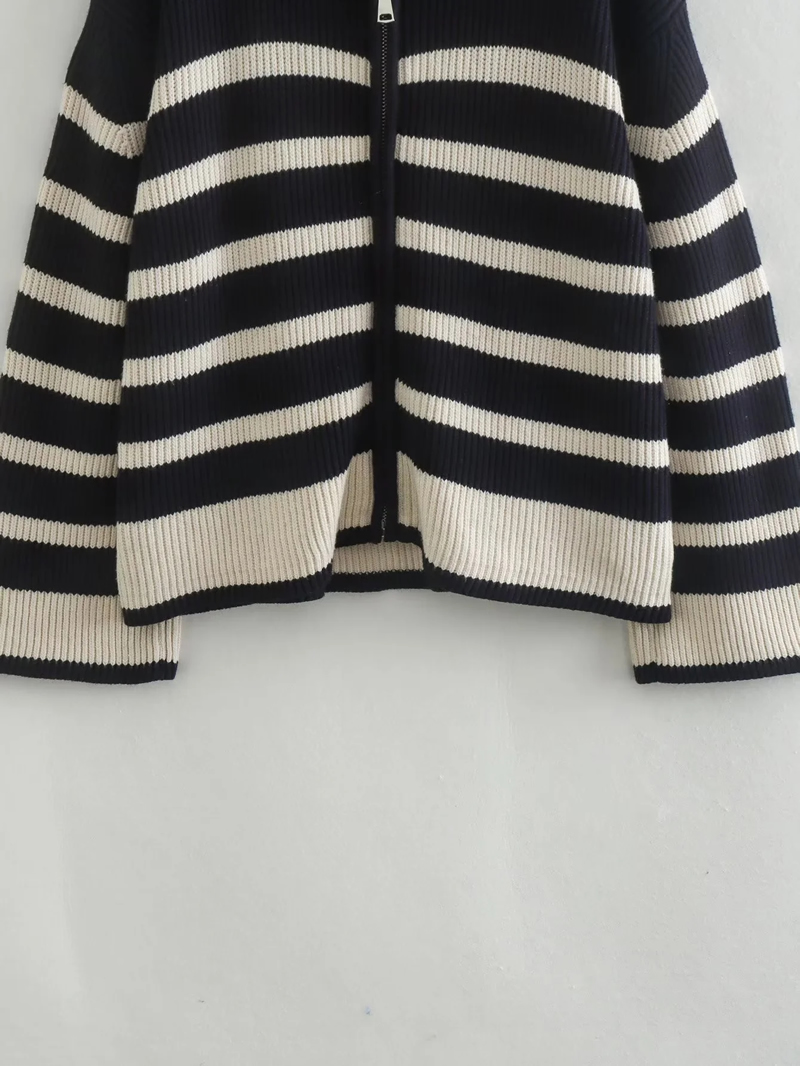 Fashion Black Zipper Striped Knitted Jacket,Sweater