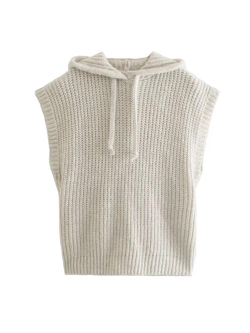 Fashion Creamy-white Hooded Knitted Eye Vest,Sweater
