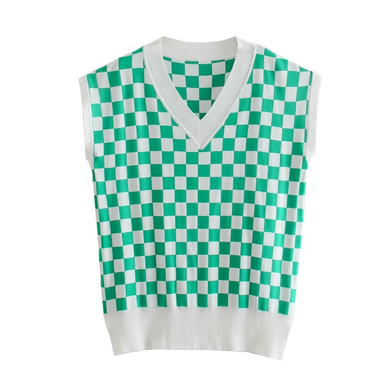 Fashion Green Checkerboard V -neck Loose Vest,Tank Tops & Camis