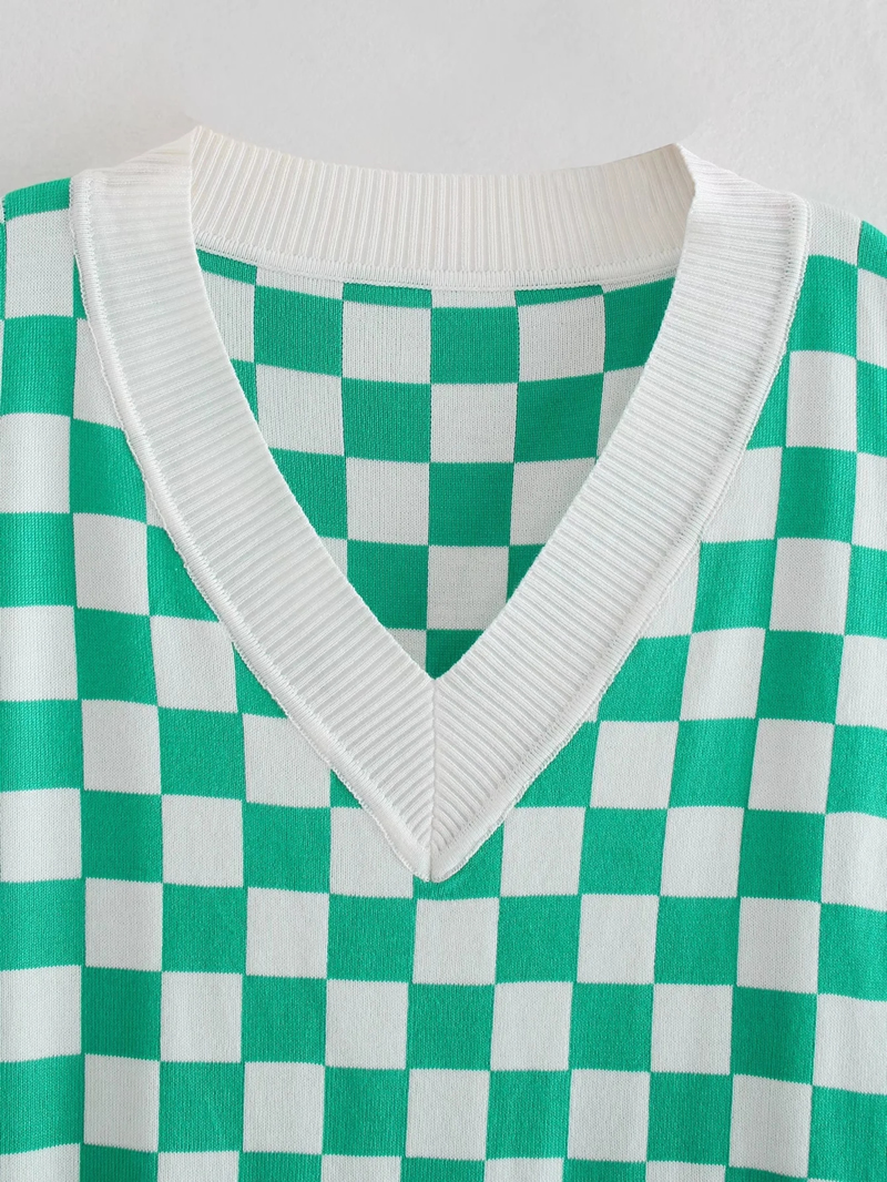 Fashion Green Checkerboard V -neck Loose Vest,Tank Tops & Camis
