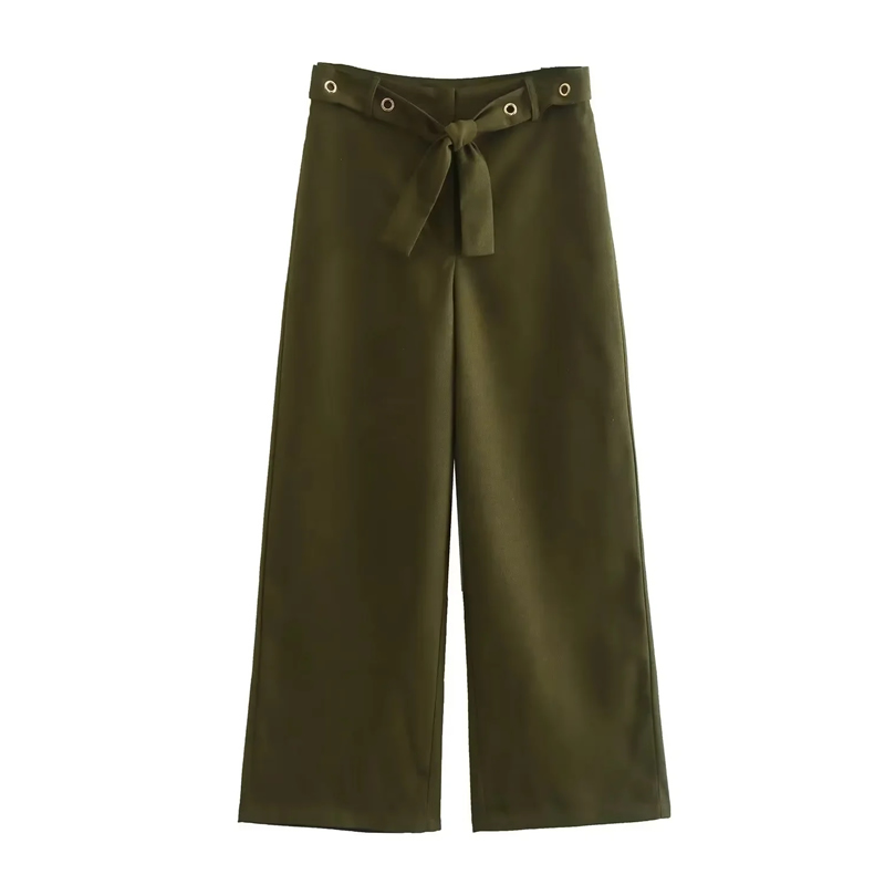 Fashion Armygreen Polyester Lace-up Straight-leg Trousers,Pants