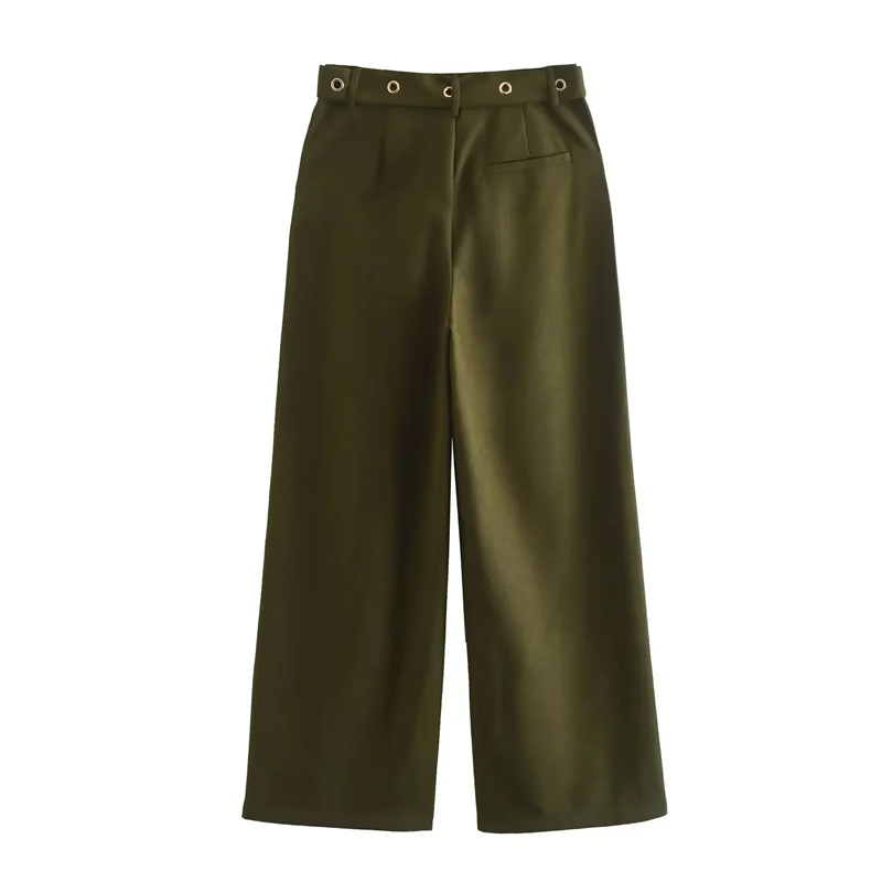 Fashion Armygreen Polyester Lace-up Straight-leg Trousers,Pants