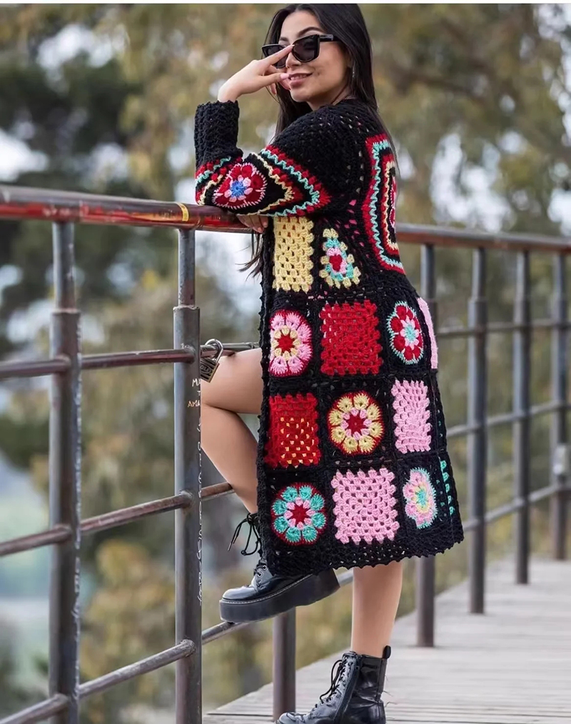 Fashion Color Handmade Grandmother Flower Knitted Long Cardigan,Sweater