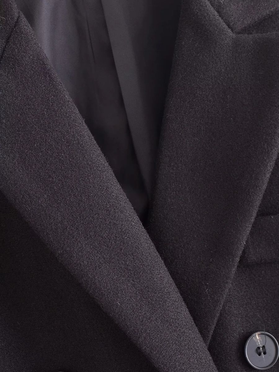 Fashion Black Wool Lapel Double Breasted Coat,Coat-Jacket
