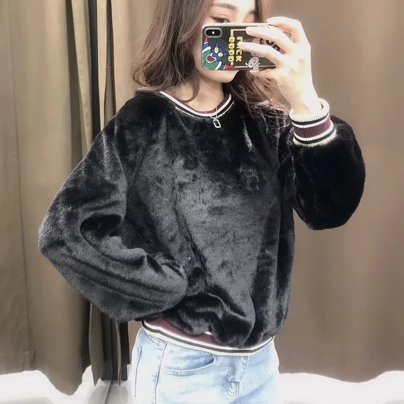 Fashion Black Rabbit Fur Contrast Color Round Neck Long Sleeve Sweater,Sweater