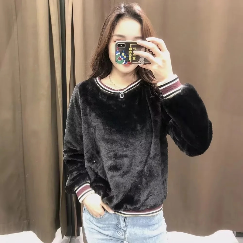 Fashion Black Rabbit Fur Contrast Color Round Neck Long Sleeve Sweater,Sweater