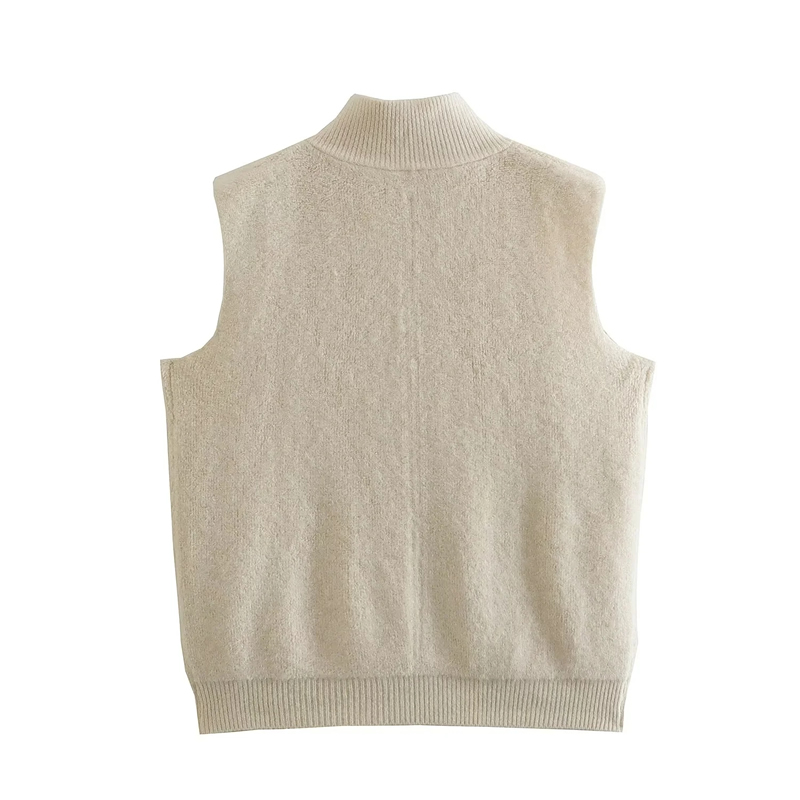Fashion Oat Stand Collar Zip Knit Tank Top,Sweater
