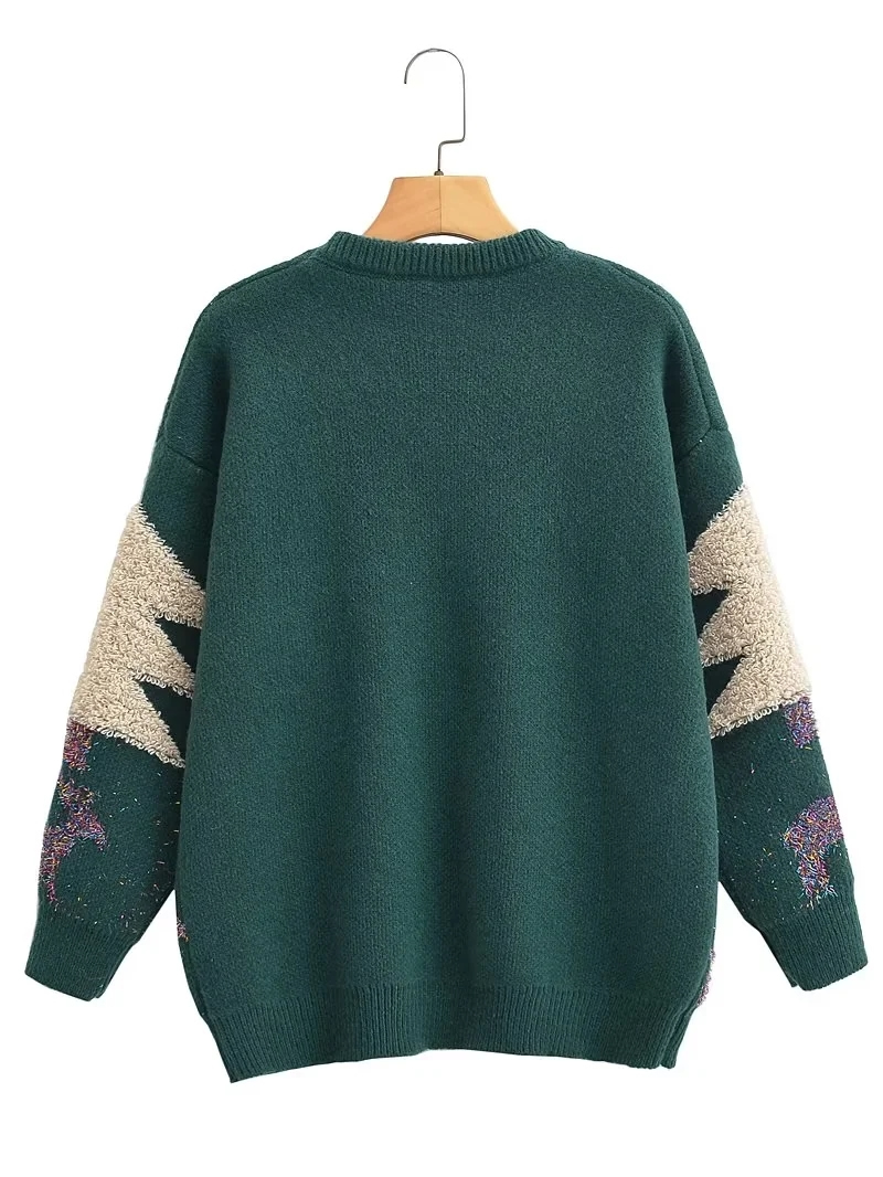 Fashion Green Christmas Embroidered Crew Neck Sweater,Sweater