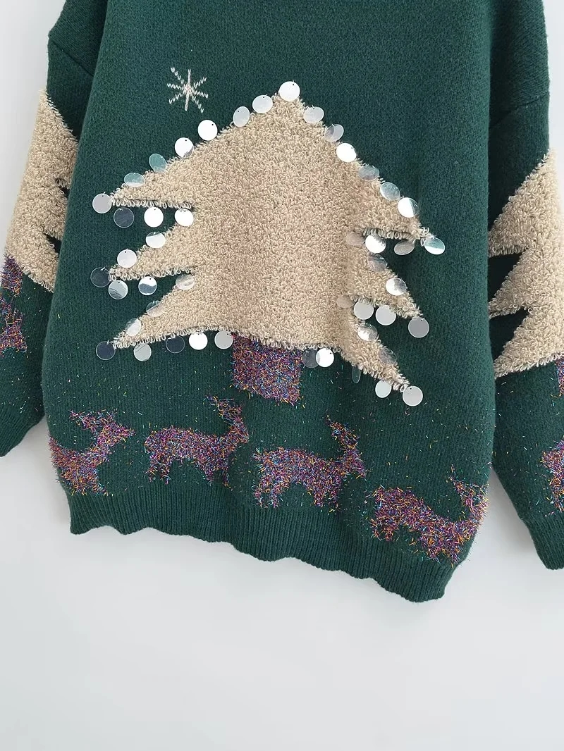 Fashion Green Christmas Embroidered Crew Neck Sweater,Sweater