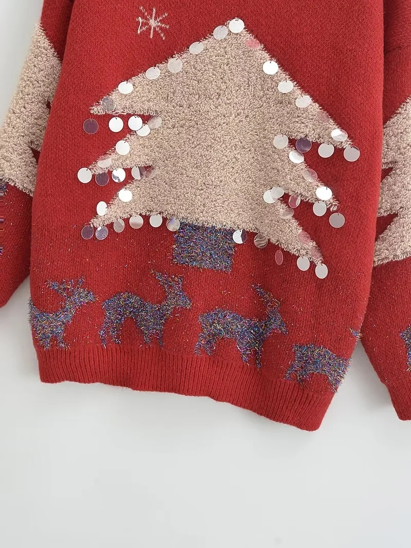 Fashion Red Knit Christmas Embroidered Crew Neck Sweater,Sweater