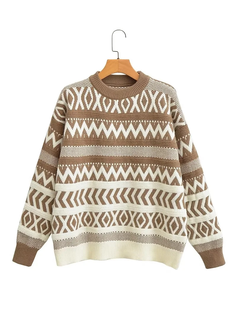 Fashion Coffee White Geometric-print Knitted Crewneck Sweater,Sweater