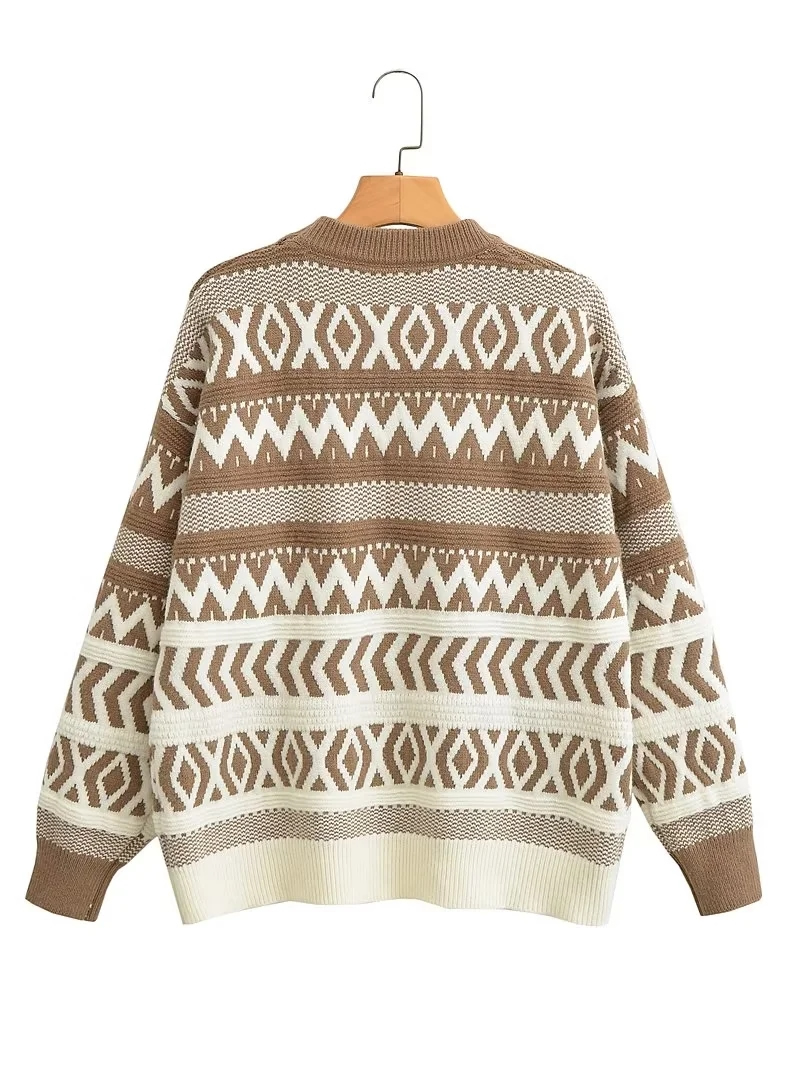 Fashion Coffee White Geometric-print Knitted Crewneck Sweater,Sweater