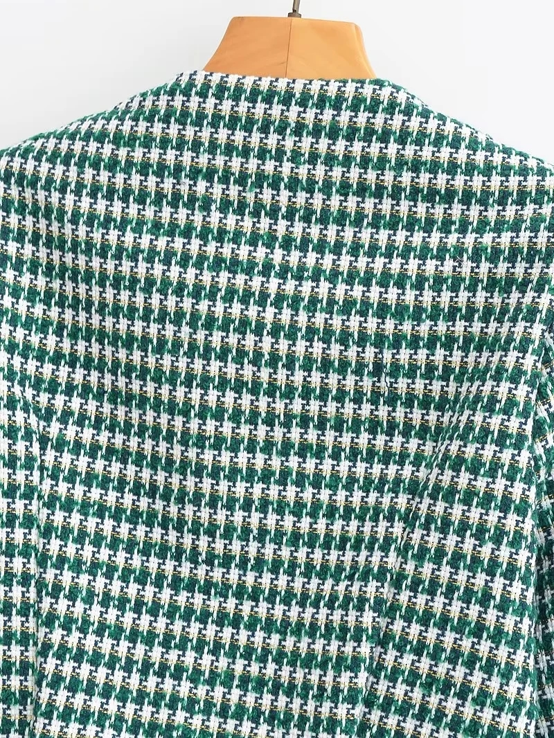 Fashion Green Woven Houndstooth Crew Neck Cardigan,Coat-Jacket