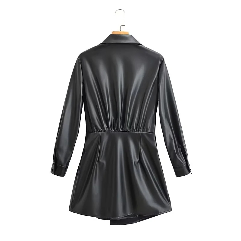 Fashion Black Pu Lapel V-neck Dress,Mini & Short Dresses