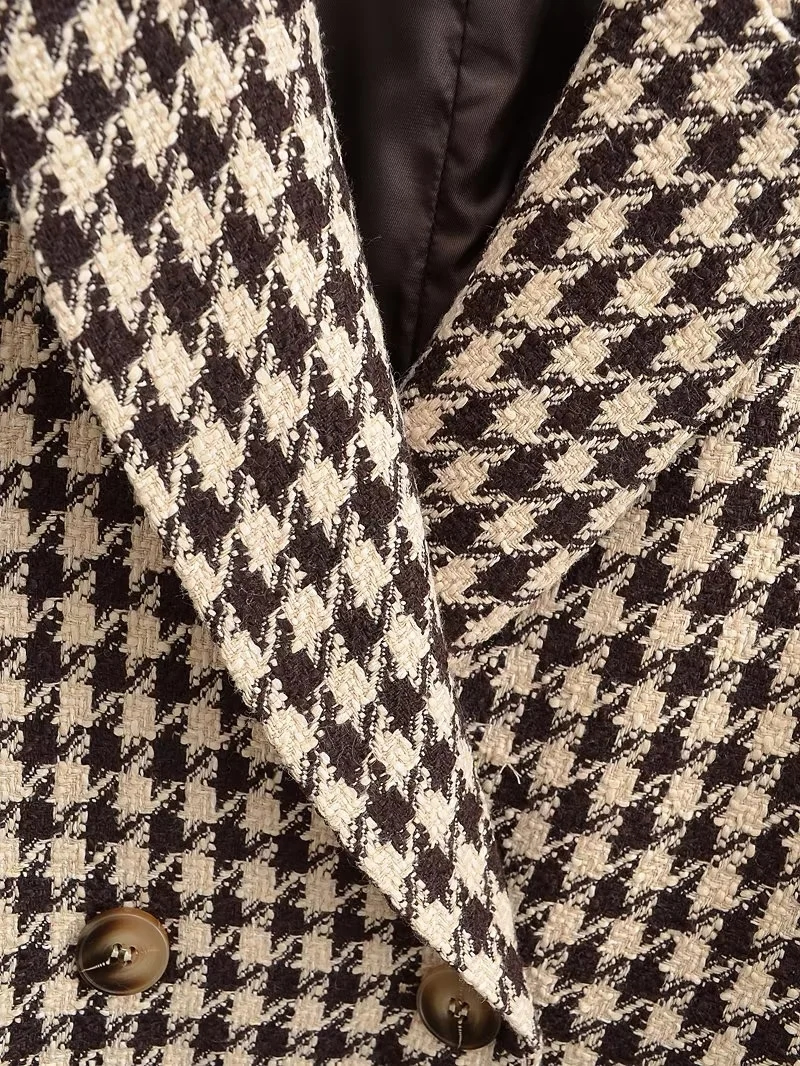 Fashion Khaki Woven Houndstooth Double Breasted Lapel Coat Jacket,Coat-Jacket