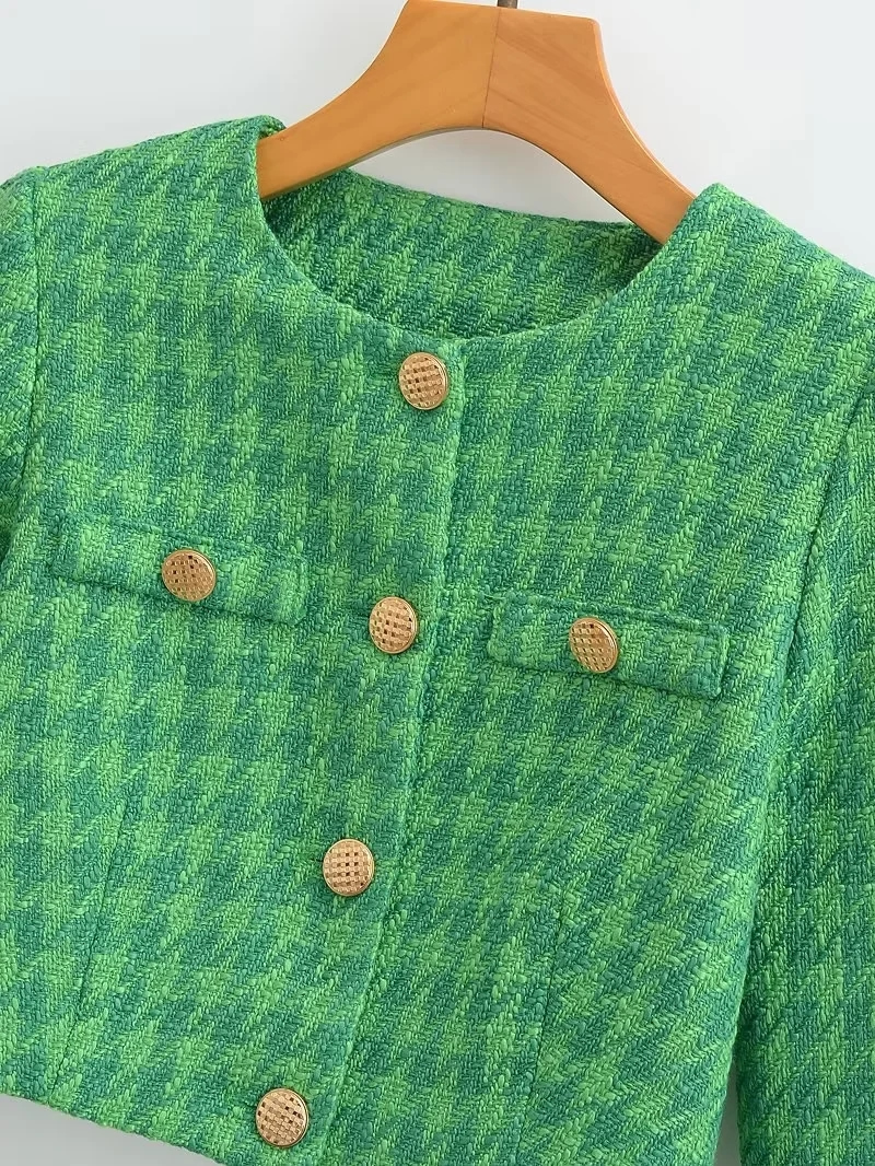 Fashion Green Woven Houndstooth Button-down Crewneck Cardigan Jacket,Coat-Jacket
