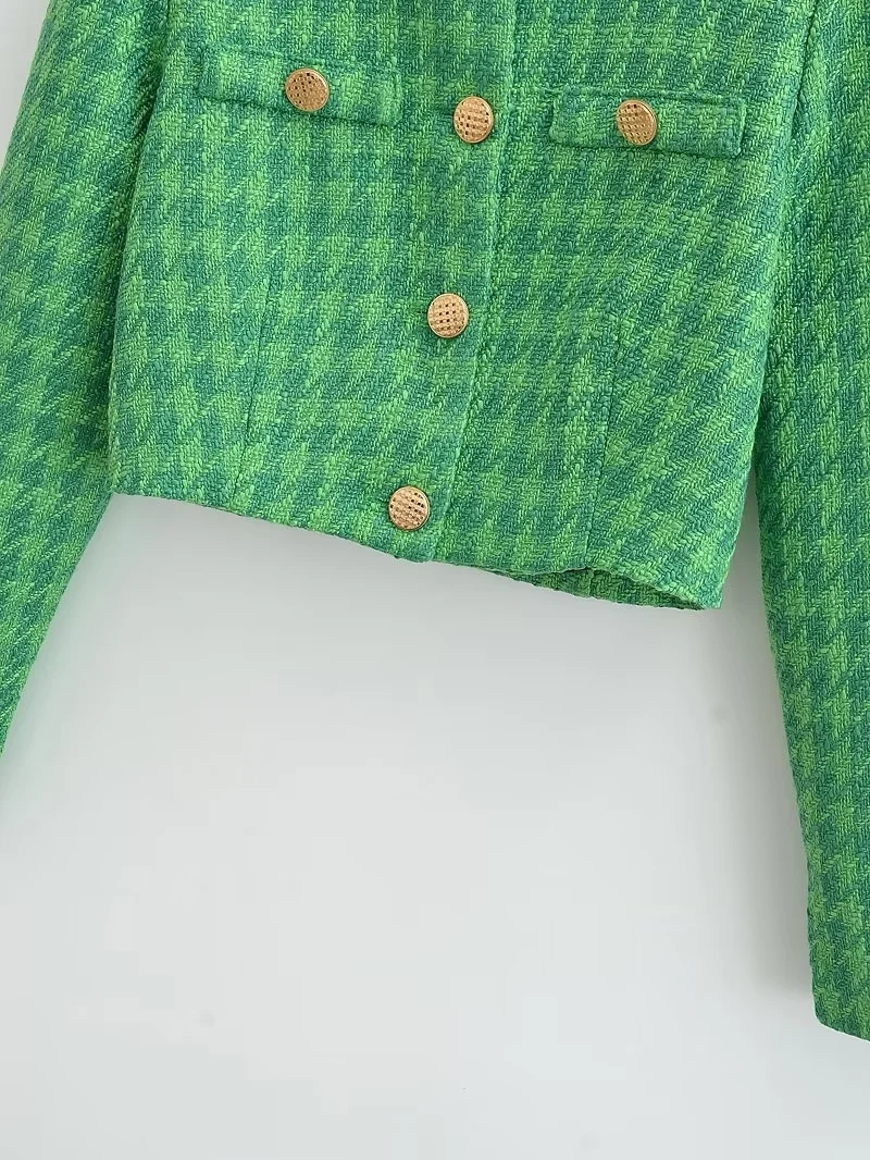 Fashion Green Woven Houndstooth Button-down Crewneck Cardigan Jacket,Coat-Jacket