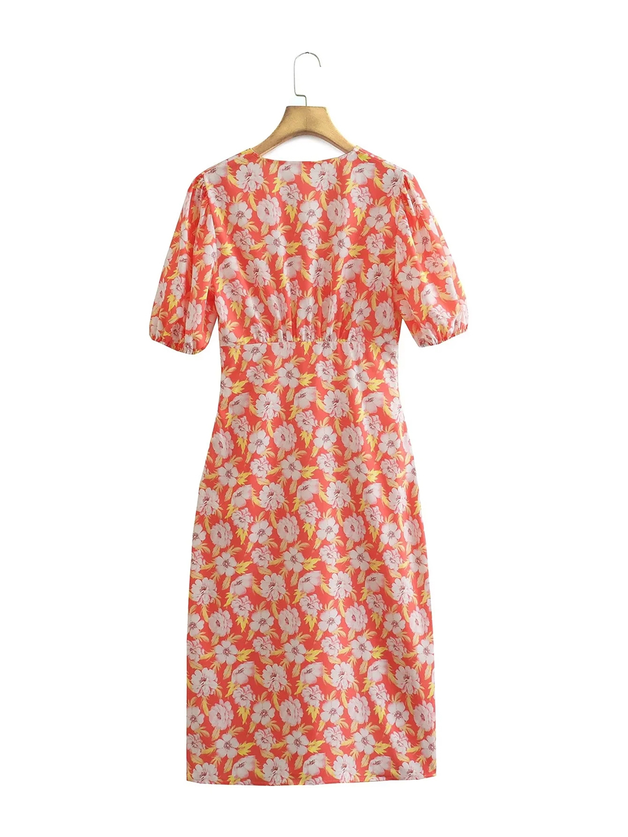 Fashion Color Woven Printed V-neck Dress,Long Dress