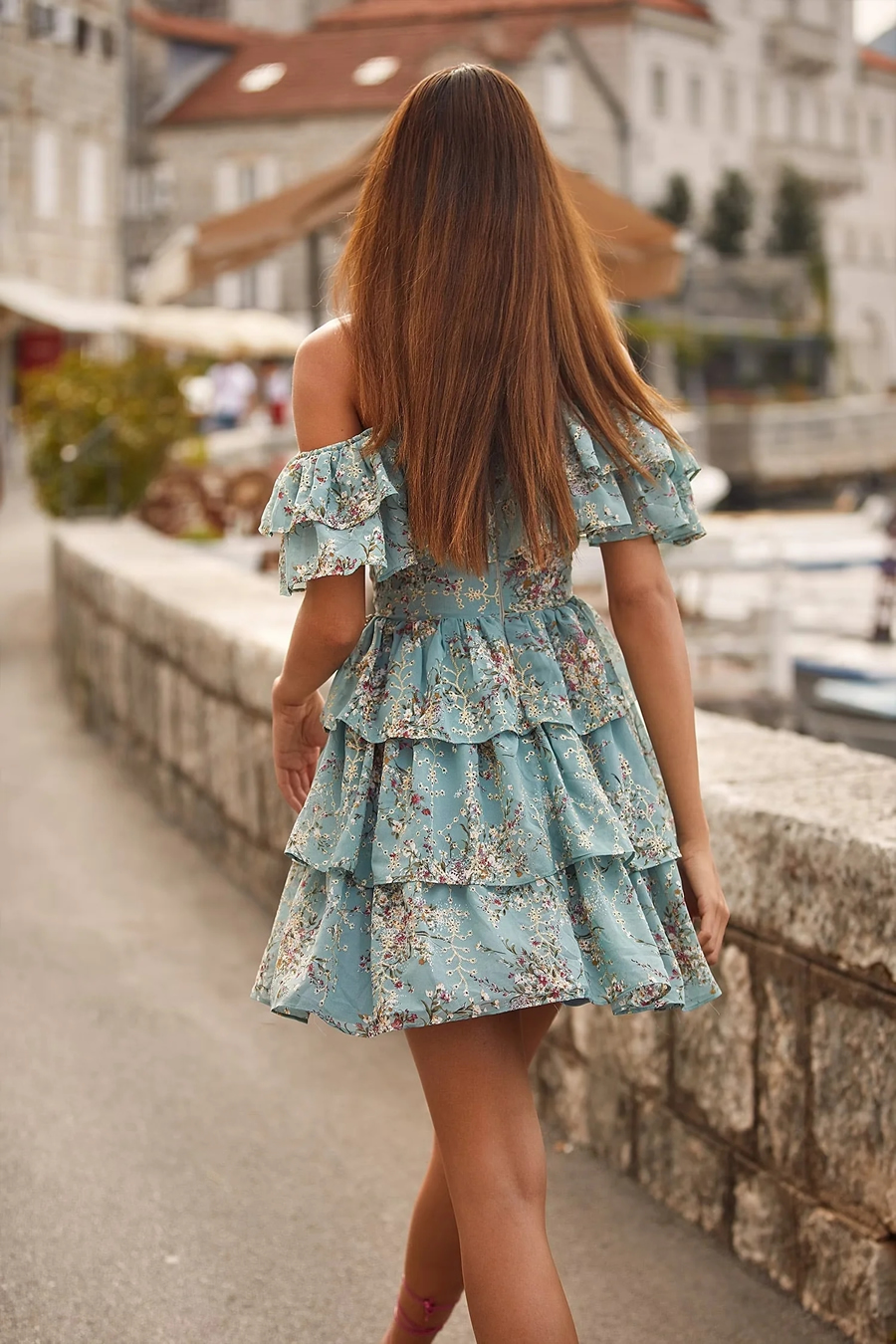 Fashion Color Woven Printed One-shoulder Layered Slip Dress,Mini & Short Dresses