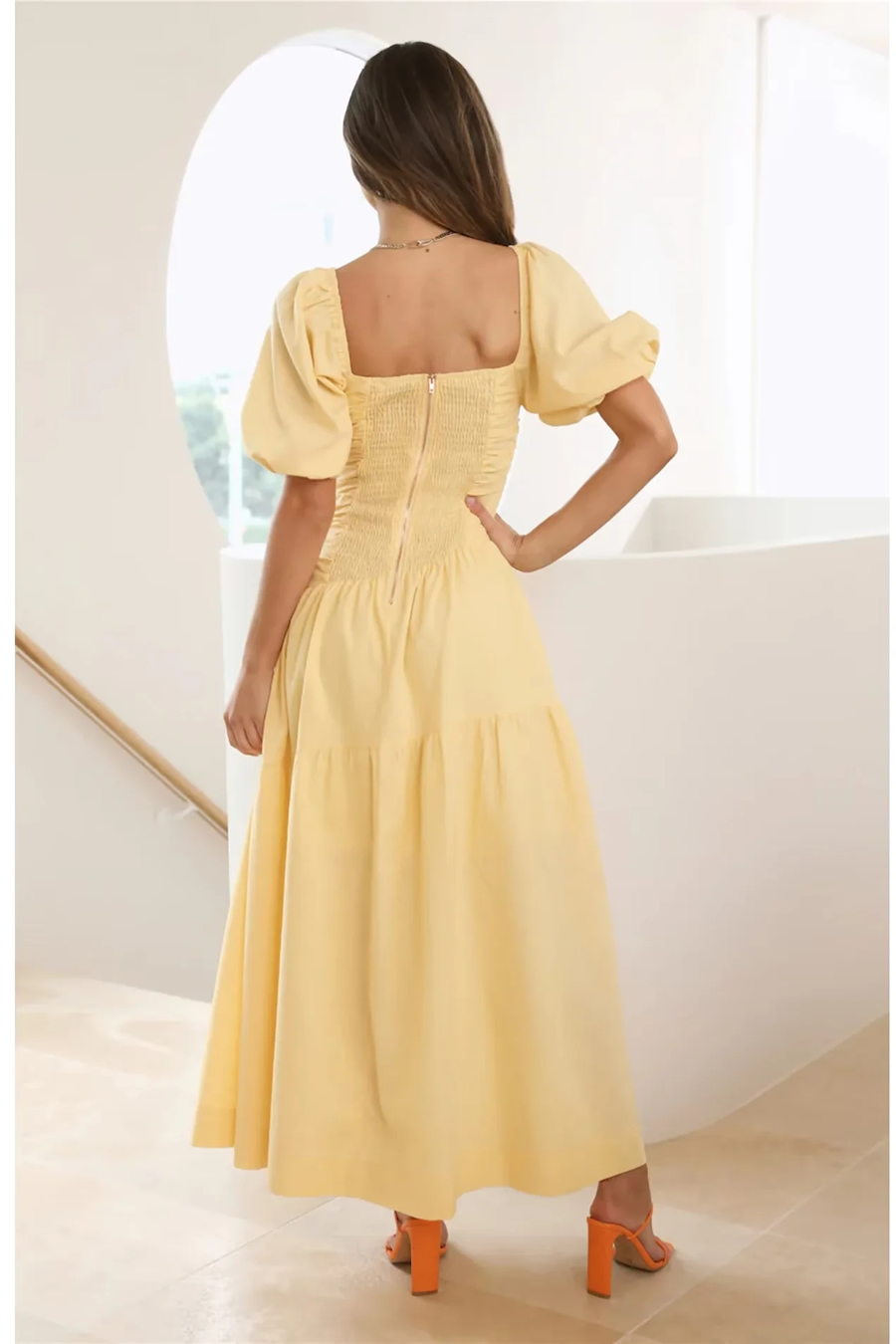 Fashion Yellow Woven Square Neck Swing Dress,Long Dress