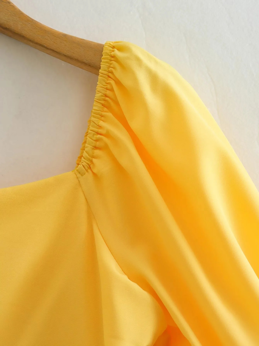 Fashion Yellow Woven Square Neck Swing Dress,Long Dress