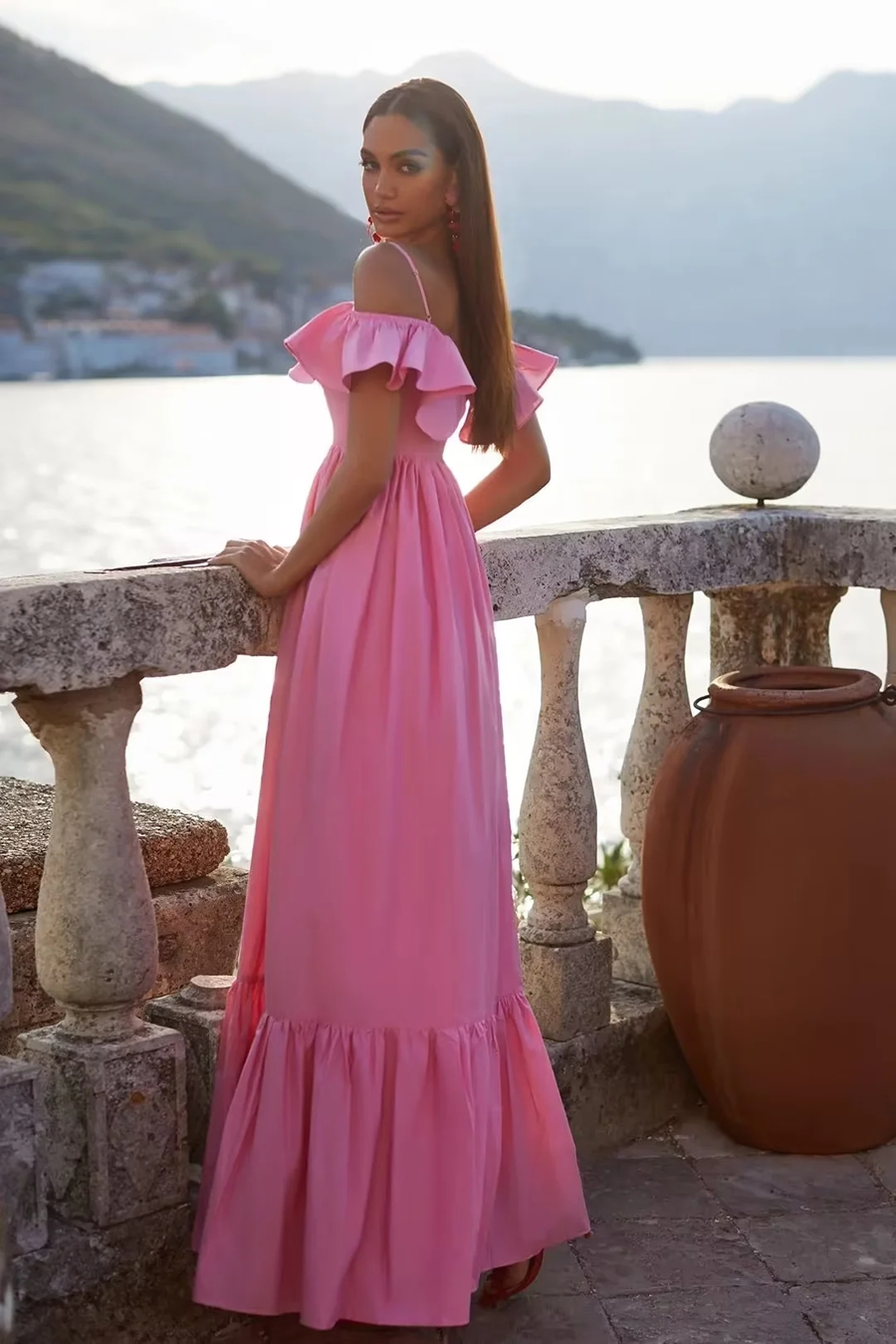 Fashion Pink Strappy Ruffled Dress,Long Dress