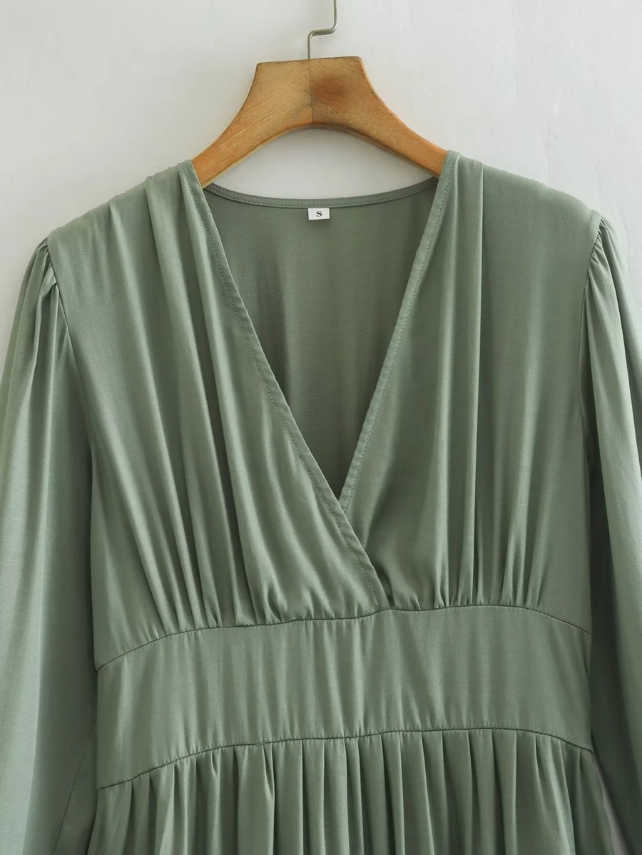 Fashion Green Woven Pleated V-neck Dress,Long Dress