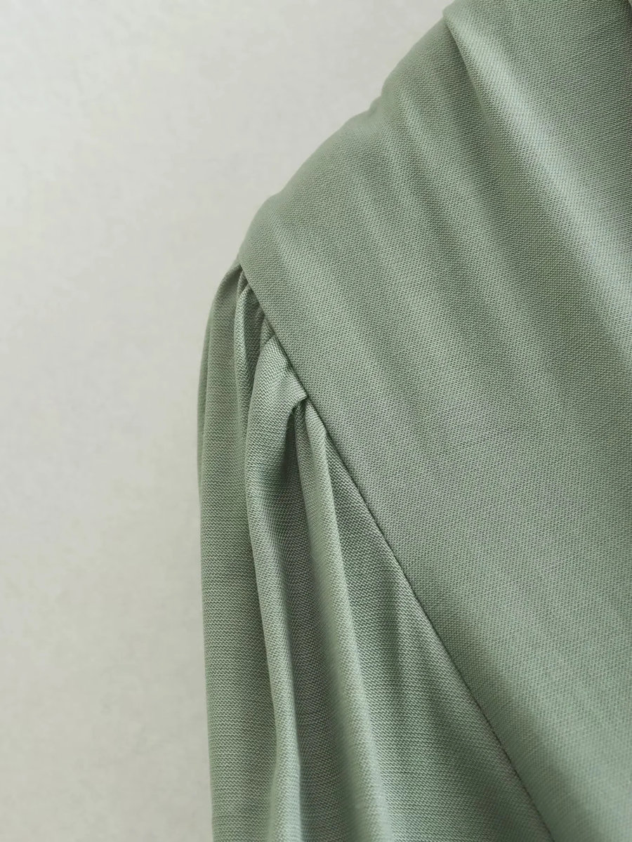 Fashion Green Woven Pleated V-neck Dress,Long Dress