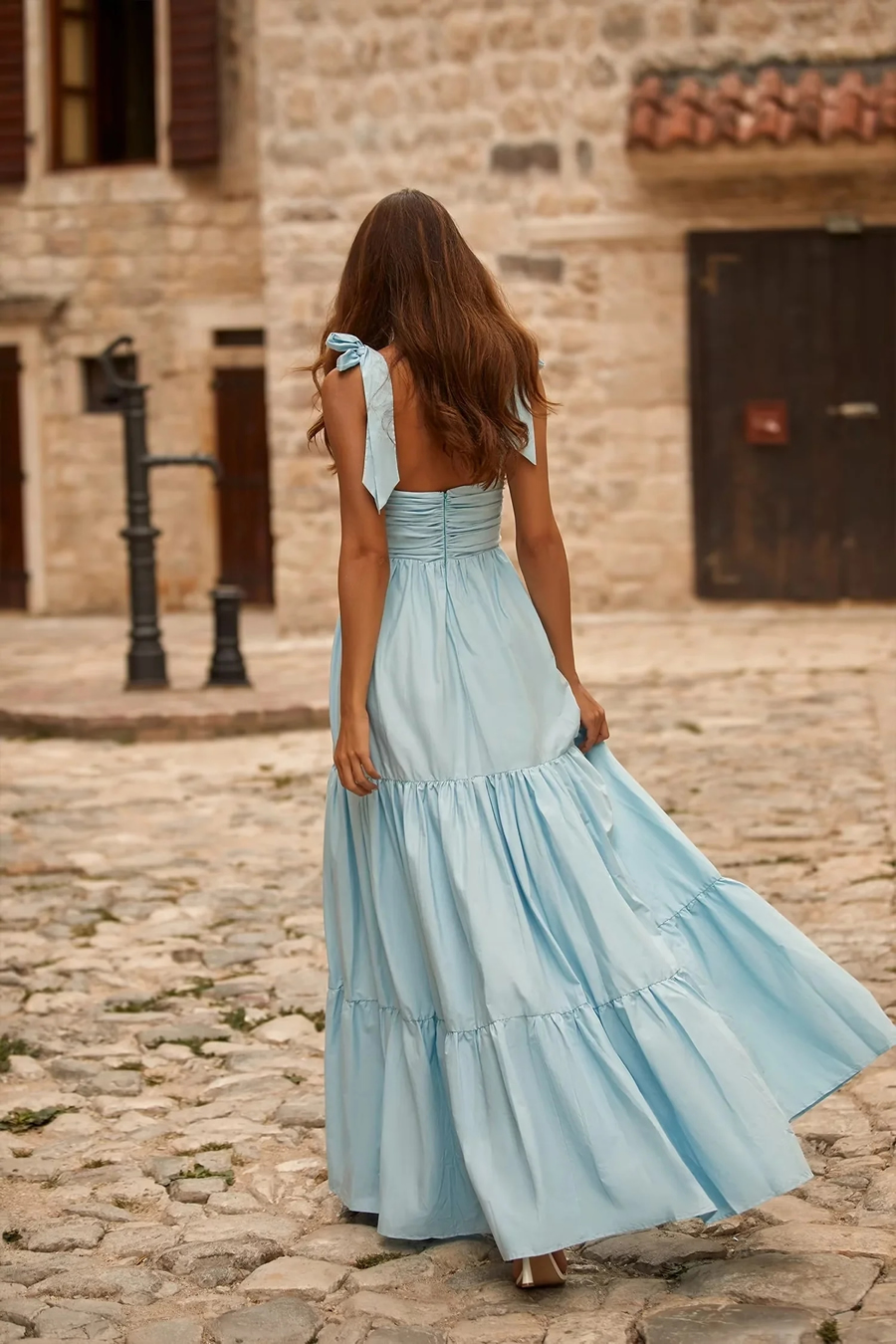 Fashion Sky Blue Woven Tie Dress,Long Dress
