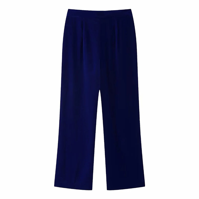 Fashion Blue Velvet Wide-leg Trousers,Pants