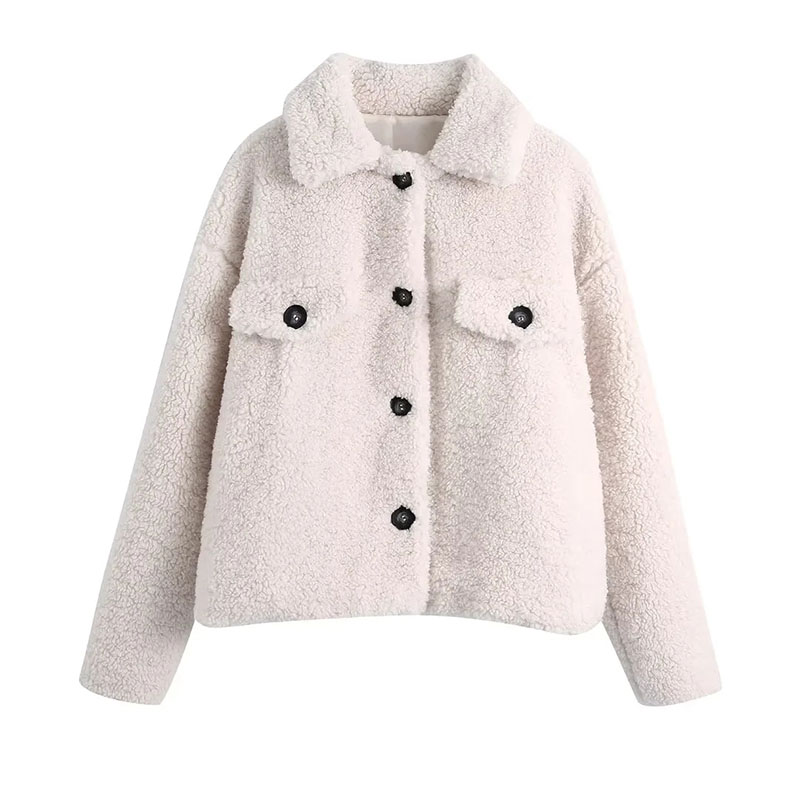 Fashion White Fleece Lapel Button-up Jacket,Coat-Jacket