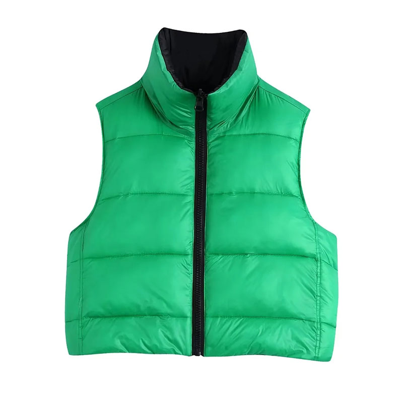 Fashion Green Black Woven Stand Collar Zip-up Vest Jacket,Coat-Jacket