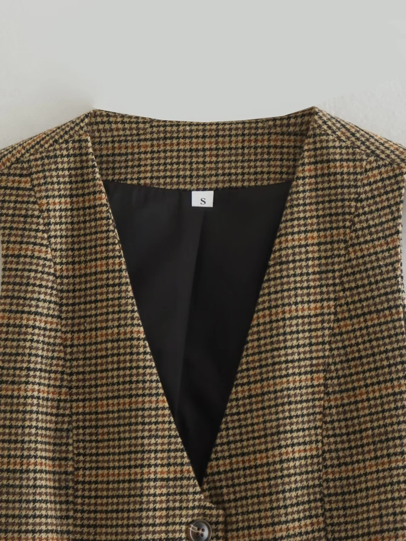 Fashion Khaki Houndstooth Button-up Vest Jacket,Coat-Jacket