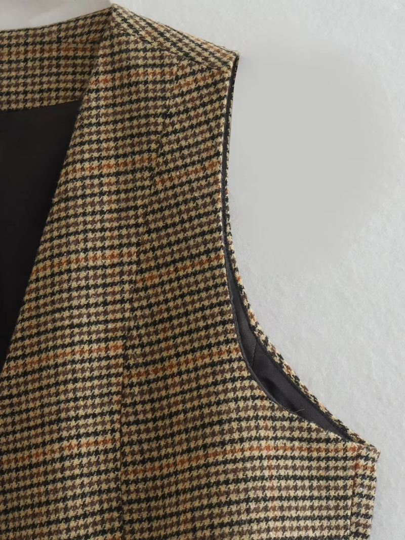 Fashion Khaki Houndstooth Button-up Vest Jacket,Coat-Jacket