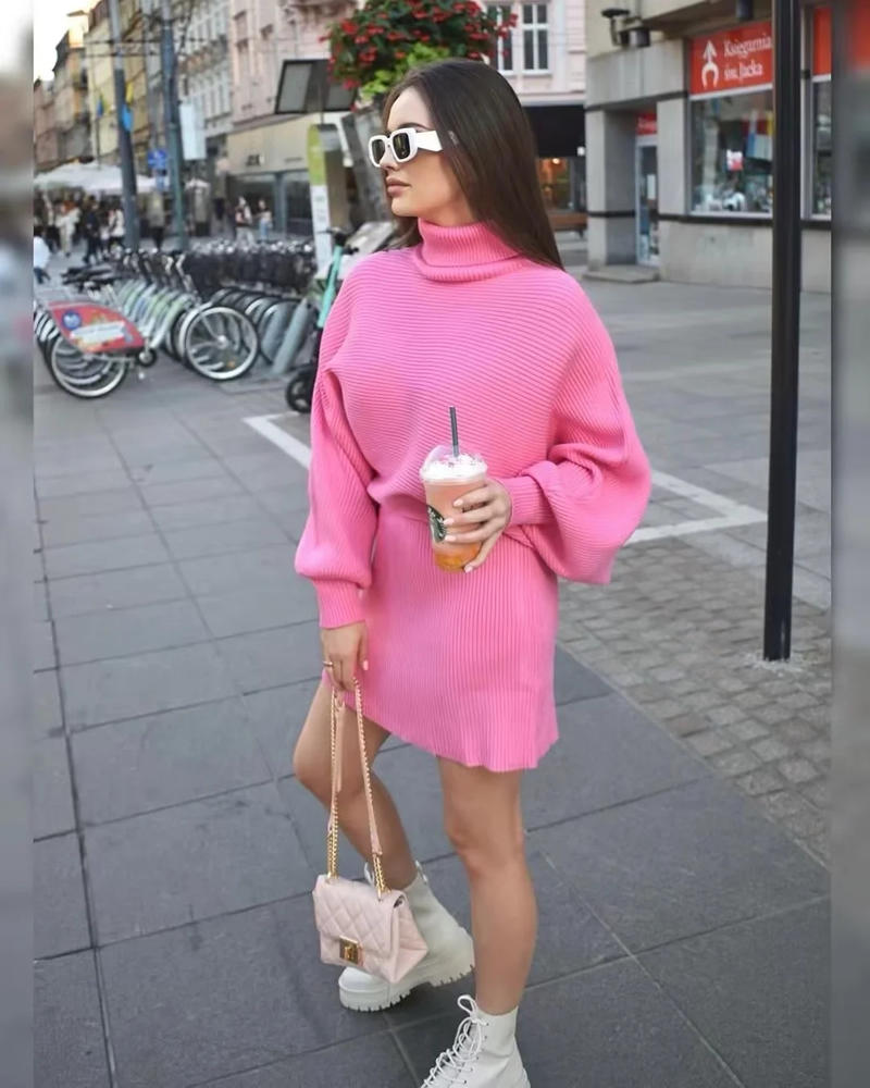 Fashion Pink Knit Turtleneck Dolman Sleeve Sweater,Sweater
