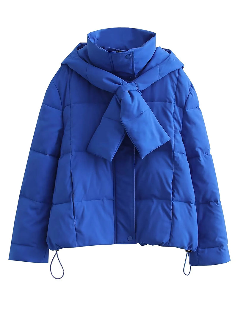 Fashion Blue Polyester Stand Collar Drawstring Padded Jacket,Coat-Jacket