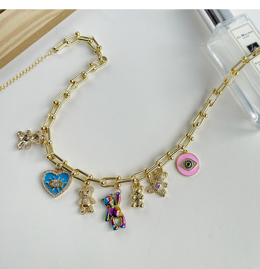Fashion Golden 2 Copper Inlaid Zircon Oil Drop Bear Balloon Dog Heart Pendant Thick Chain Necklace,Necklaces