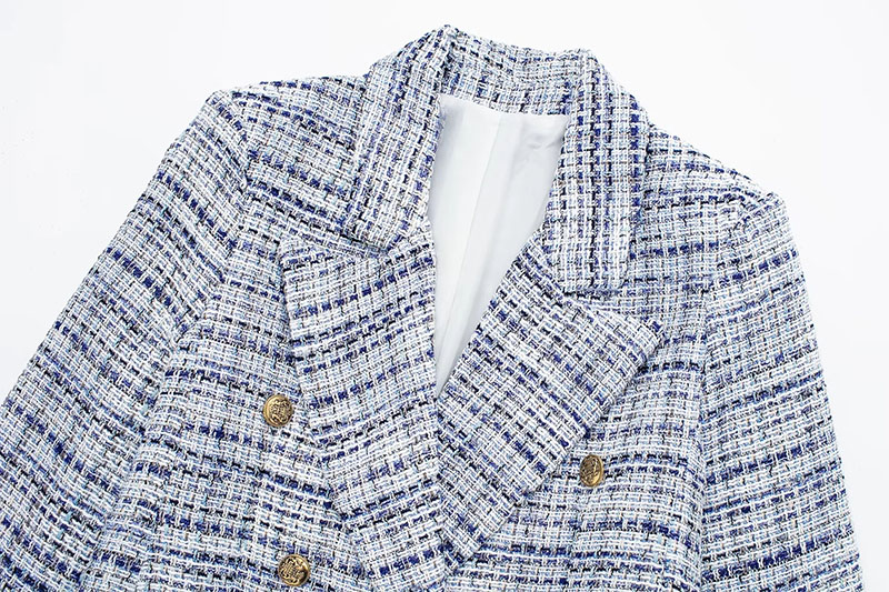 Fashion Blue Textured Blend Double-breasted Lapel Blazer,Coat-Jacket