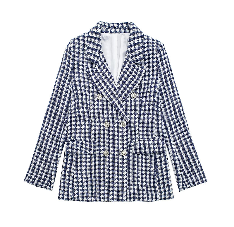 Fashion Blue Slub Check Double-breasted Blazer,Coat-Jacket