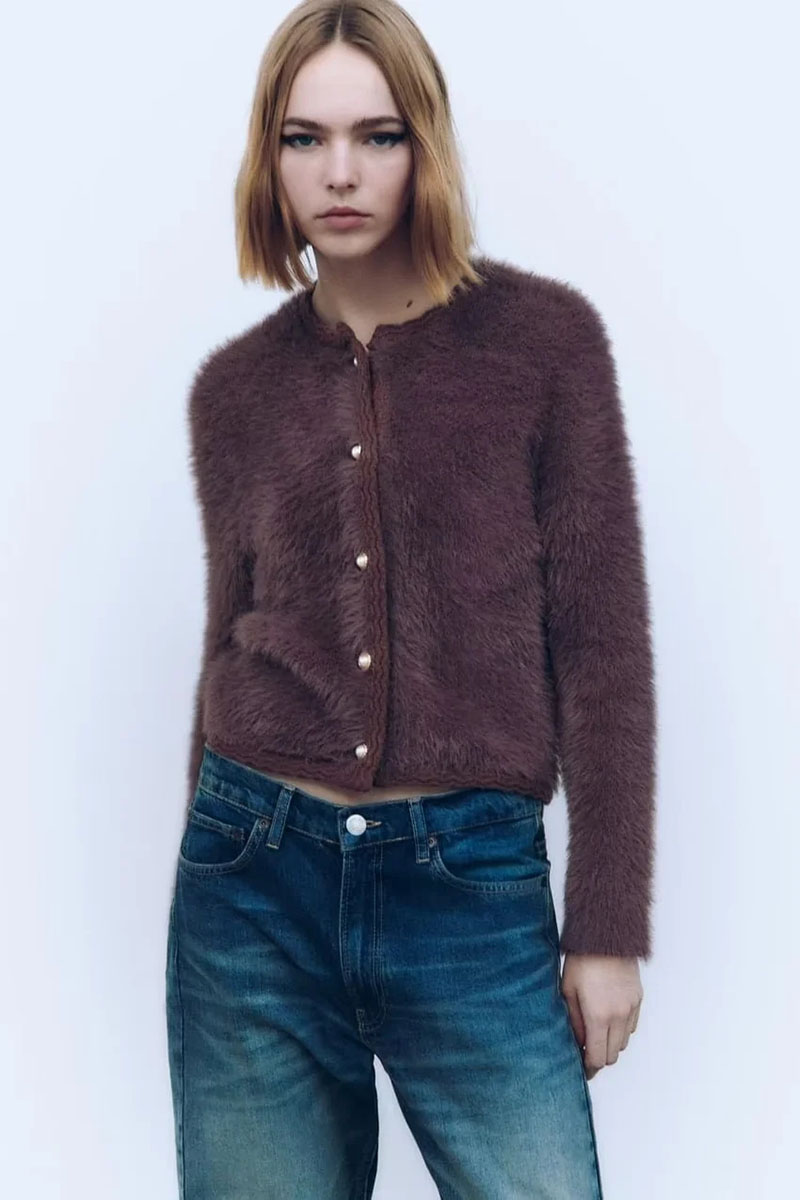 Fashion Purple Knit Breasted Faux Fur Coat,Coat-Jacket