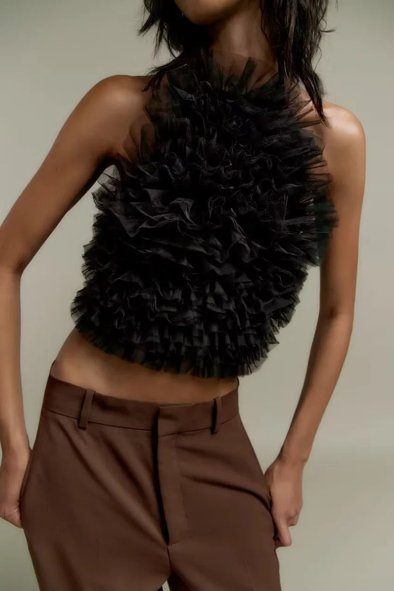 Fashion Black Tulle-knit Halterneck Top,Tank Tops & Camis
