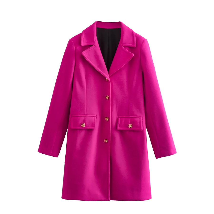 Fashion Rose Red Wool Lapel Breasted Double Pocket Coat Jacket,Coat-Jacket