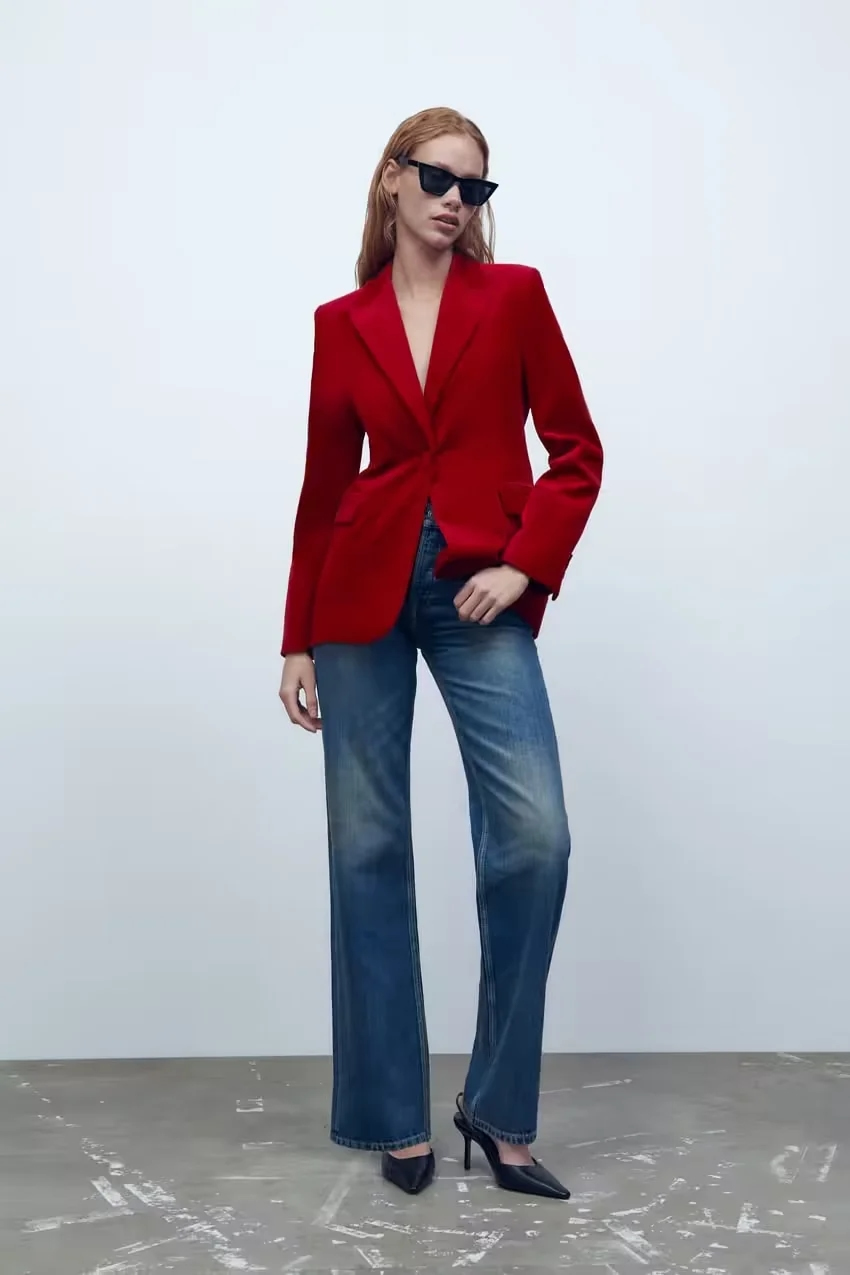 Fashion Red Velvet Button Two-pocket Blazer,Coat-Jacket