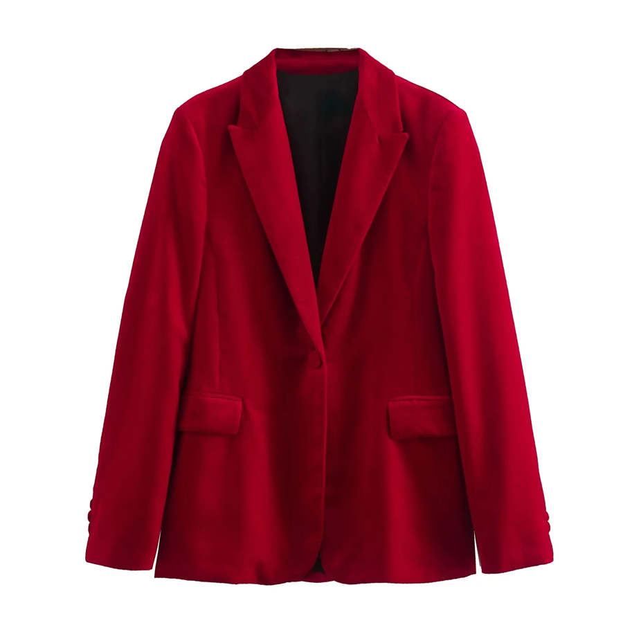 Fashion Red Velvet Button Two-pocket Blazer,Coat-Jacket