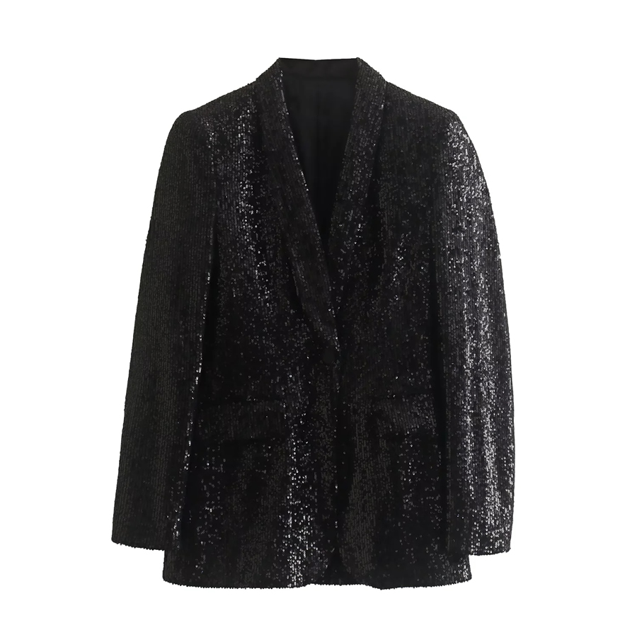 Fashion Black Sequined Lapel Blazer,Coat-Jacket