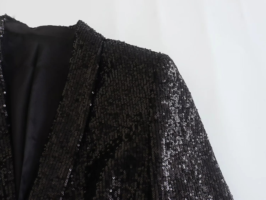 Fashion Black Sequined Lapel Blazer,Coat-Jacket
